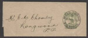 Wrappers - 1913 Kangaroo &frac12;d green complete folded newspaper wrapper ACSC&nbsp;W1&nbsp;sent to&nbsp;Longwood, Vic&nbsp;with &euro;&tilde;MELBOURNE/9/7MR13/VICTORIA&euro;&trade; d/s paying &frac12;d per 10oz domestic newspaper rate, fine condition.