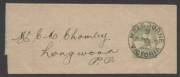 Wrappers - 1913 Kangaroo &frac12;d green complete folded newspaper wrapper ACSC&nbsp;W1&nbsp;sent to&nbsp;Longwood, Vic&nbsp;with &euro;&tilde;MELBOURNE/9/7MR13/VICTORIA&euro;&trade; d/s paying &frac12;d per 10oz domestic newspaper rate, fine condition.