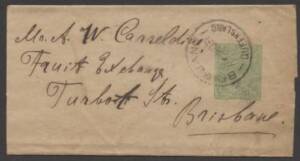 Wrappers - 1915 KGV &frac12;d green complete folded newspaper wrapper&nbsp;ACSC&nbsp;W3 sent locally with &euro;&tilde;BRISBANE/-2NO15/QUEENSLAND&euro;&trade; d/s paying &frac12;d per 10oz domestic newspaper rate, couple of minor blemishes.