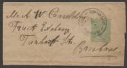 Wrappers - 1915 KGV &frac12;d green complete folded newspaper wrapper&nbsp;ACSC&nbsp;W3 sent locally with &euro;&tilde;BRISBANE/-2NO15/QUEENSLAND&euro;&trade; d/s paying &frac12;d per 10oz domestic newspaper rate, couple of minor blemishes.