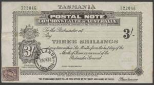Revenues - 1931&nbsp;Postal Note&nbsp;New Design with Coat of Arms at Left, All Text & Serial Numbers in Black&nbsp;and&nbsp;John Ash&nbsp;Imprint&nbsp;at the base on CofA Watermark Paper 'TASMANIA' 3/-, 1d maroon affixed at lower-left, 'OATLANDS/26JY44/TASMANIA' cds, minor blemishes.