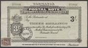 Revenues - 1931&nbsp;Postal Note&nbsp;New Design with Coat of Arms at Left, All Text & Serial Numbers in Black&nbsp;and&nbsp;John Ash&nbsp;Imprint&nbsp;at the base on CofA Watermark Paper 'TASMANIA' 3/-, 1d maroon affixed at lower-left, 'OATLANDS/26JY44/TASMANIA' cds, minor blemishes.