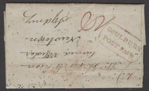 Postal History (New South Wales) - 1848 pre-stamp entire to Sydney with very fine 'GOULBURN/POST PAID' h/s in red, GPO arrival b/s, minor blemishes.