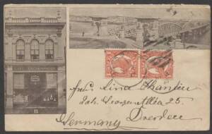 Postal History (Queensland) - 1898 illustrated advertising cover for Cafe Eschenghagen with 1d pair (&frac12;d fallen-off) to Germany (b/s), minor blemishes.