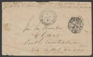 South Australia - 1901 Boer War Forces cover endosed "No 56 SA Bush Corps/Kimberley S Africa" with 'KIMBERLEY/CGH' cds & very fine 'FIELD POST OFFICE BO/BRITISH ARMY S AFRICA' cds, to Clare with sq-circle b/s, a bit aged. Covers from South Australian Forc