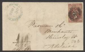 Postal History (South Australia) - 1855 domestic cover with 2d SG 2 (full margins), superb '55' cancel & very fine 'STRATHALBYN' cds in blue, GPO arrival b/s, minor problems. Inexpensive First Issue cover.