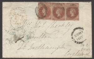 Postal History (South Australia) - 1855 (Aug 31) cover to England with London Printings 2d carmine strip of 3 - full margins at left & base - tied by very fine '21' cancels, large-part '[DRY] CREEK' cds, Liverpool Packet cds of DE28/55 in red.