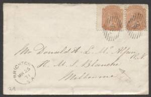 Postal History (South Australia) - 1871 cover&nbsp;to "HMS Blanche/Melbourne"&nbsp;with DLR Perf 10 2d pair tied by fine '18' cancels & 'BRIGHTON/SA' cds at L/L, Melbourne & 'WILLIAMSTOWN' arrival b/s.