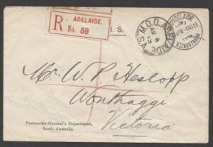 Postal History (South Australia) - 1913 stampless PMG's Department cover withlargely superb 'MOO ADELAIDE/AU4/13/SA' cds & red/white registration label, 'WONTHAGGI/VIC' arrival b/s, light bend.