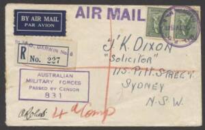 Northern Territory - 1941 commercial airmail cover to Sydney with 4d x2 tied by very fine rubber 'MIL PO/8NOV1941/DARWIN No 5' cds in violet, provisional registration label with 'MIL PO DARWIN No 5' h/s in violet, minor blemishes. Rare commerical mail.