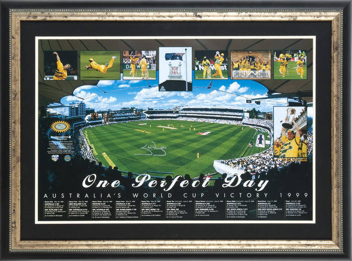 STEVE WAUGH, lithographed print "One Perfect Day, Australia's World Cup Victory 1999", signed by Steve Waugh, limited edition 371/500, window mounted, framed & glazed, overall 78x58cm. With CoA.