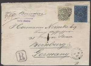 Postal History (Victoria) - 1884 opened-out cover to Germany "via Brindisi" with scarce franking of Large Stamp Duty 1/- indigo/blue & Bell 1d green tied by BN '2' cancels, 'REGISTERED/GEELONG' cds at L/R & 'REGISTERED/MELBOURNE' b/s, 'BRINDISI' transit b
