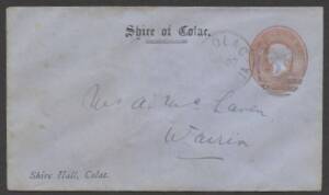 Postal History (Victoria) - 1902 'Shire of Colac' 2d STO Envelope to Warrion with Colac duplex, minor blemishes.