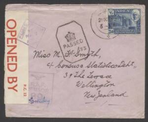 Aden - 1942 cover from a New Zealand airman to New Zealand with Shihr & Mukalla 2½a, red/white 'OPENED BY/CENSOR' label with 'PC 22' at U/R tied by diamond censor No 2 h/s of Aden.