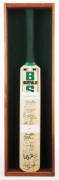 1999-2000 PRIME MINISTERS XI v INDIA, full size Cricket Bat, with 26 signatures including Shane Lee, Mike Hussey, Andrew Symonds, Sachin Tendulkar & V.V.S.Laxman, in attractive display case, 25x86cm. Good condition.