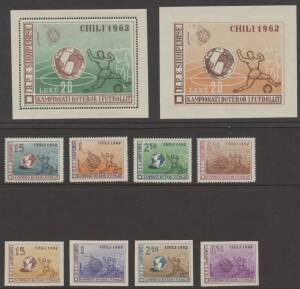 Albania - 1962 World Football Championships Chile Soccer set of 4 & M/S perforated plus&nbsp;set of 4 & M/S imperf in changed colours, mint never hinged. Cat SG &pound;57 for perforated only; Scott US$85 for perf & imperf.