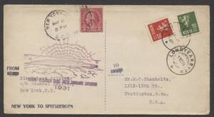 Antarctic & Arctic Expeditions - ARCTIC: 1931 (May) Wilkins-Ellsworth Trans-Arctic Submarine Expedition cover with cachet in purple & straight-line "NEW YORK TO SPITSBERGEN" cachet in black; frankings of US 2c and Norway 10o & 20o postmarked at New York a