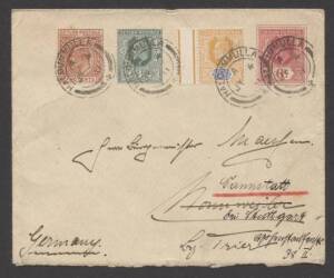 Ceylon - 1911 usage of KEVII 6c Envelope to Germany with KEVII 2c 3c & 4c added & tied by 'HALDUMMULLA' cds.