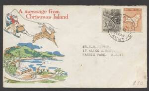 Postal History (Christmas Island) - 1966 "A message from/Christmas Island" cover to NSW with Pictorials 2c Map & 8c Phosphate Train tied by #1 cds, minor blemishes.