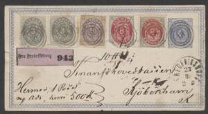 Denmark - 1880s philatelic usage of 4o Postal Card with 3o x2, 8o x2 (one damaged) & 50o tied by '18' cancels, 'FREDRIKSBURG' cds & black/purple 'Fra Fredriksborg' label. Very pretty.