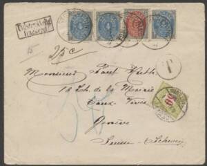 Denmark - 1891 commercial cover to Switzerland with 4o x3 & 8o tied by 'STOREHEDINGE' cds, small boxed insufficiently paid h/s & 'T'-in-circle, Swiss 50c Postage Due tied by 'GENEVE/FACTEURS' cds.