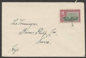 Fiji - c.1950 commercial cover to Suva with KGVI 2d tied by brass 'WAIMOTU' cancel.