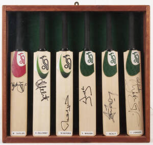 SIGNED MINIATURE BATS, in display case 48x45cm, noted Mark Taylor, Adam Gilchrist, Matthew Hayden, Steve Waugh, Ian Healy & Justin Langer.