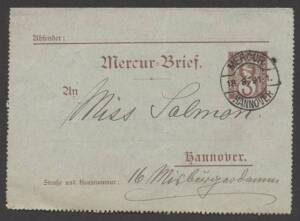 German States - HANNOVER: 1891 3pf 'Mercur-Brief' pneumatic post letter card commercially used with superb 'MERCUR/HANNOVER' cds, light vertical fold as usual.