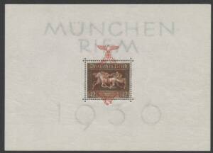 Third Reich (Germany) - 1937 'Brown Ribbon of Germany' Horse Racing 42(+108pf) M/S with red '[Eagle] 1. AUGUST MÃœNCHEN RIEM' overprint, mint never hinged. Cat £200.