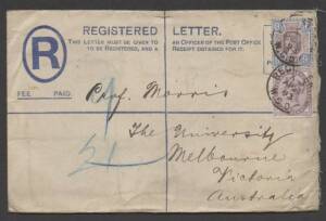 Great Britain - 1893 2d Registration Envelope size G with 'Inland Registration/...' label affixed to the reverse, to "The University/Melbourne" with 1d & 9d (Cat &pound;275 on cover) tied by 'REGISTERED/WCD' cds, minor blemishes. Nice item.