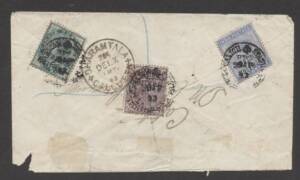 Indian Convention States - GWALIOR:&nbsp;1893 cover to a photographer in Calcutta with Overprints&nbsp;&frac12;a 1a & 2a tied to reverse by 'GWALIOR STATE/LASHKAR' cds, boxed registration cachet on face, 'DHARAMTALA/CAZLCUTTA' arrival cds, small fault where registration r