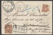 Italy - 1901 PPC ("Scilla") with damaged 2c tied by 'REGGIO CALABRIA' cds, to Turkey with Austrian 'CONSTANTINOPEL/OESTERREICHISCHE POST' cds, redirected with BOXED 'taxe' H/S & very scarce 'BEIRUT/OESTERREICHISCHE POST' cds.