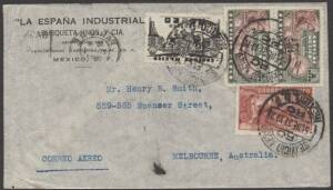 Mexico - 1937 La Espana Industrial magazine merchant cover sent airmail to Australia with Airmails&nbsp;1p Planes x2, 20c Mountain and 5c&nbsp;Symbols tied&nbsp;&euro;&tilde;SERVICIO AEREO/-5ENE37/MEXICO DF&euro;&trade; d/s carried by PanAm FAM-8 airmail service via Brownsville, Texas to New
