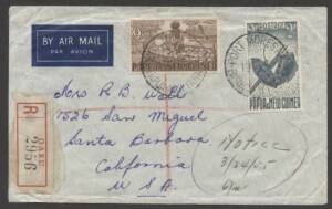 Papua New Guinea - 1955 cover sent registered airmail to USA posted at Daru with red & black &euro;&tilde;DARU&euro;&trade; R label and Pictorials 2/- Masks and 9d Copra tied&nbsp;&euro;&tilde;PORT MORESBY/19MR55/PAPUA-NEW GUINEA transit d/s paying&nbsp;2/- airmail letter rate plus 9d registration