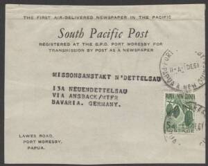 Papua New Guinea - 1961 South Pacific Post&nbsp;private newspaper wrapper front sent surface mail to Germany with single franking Pictorials 5d Cacao tied&nbsp;&euro;&tilde;PORT MORESBY/1DE61/PAPUA & NEW GUINEA&euro;&trade; cds paying foreign newspaper rate up to 2oz, fine condition.