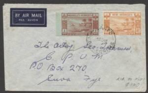 New Hebrides - 1952 commercial airmail to Fiji !! with scarce franking of French 1fr + English 10c tied by 'SANTO' cds.