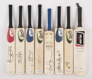 SIGNED MINIATURE BATS, noted Brian Lara, Doug Walters, Andrew Symonds, Simon Katich, Stuart Law, Darren Berry, Michael Slater & Michael Clarke. Also "Wisden Cricketers of the Century" stamp sheetlets (6 - one signed by Viv Richards).