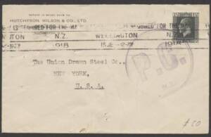 Postal History (New Zealand) - 1918 cover to USA with 1&frac12;d grey tied by 'YOUR MONEY IS REQUIRED FOR THE WAR' Wellington slogan, huge 'P.C.' (Passed by Censor) cachet in violet.