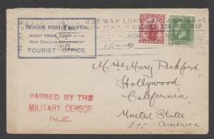Postal History (New Zealand) - 1918 &nbsp;cover with printed 'WHEN YOU TRAVEL/BOOK YOUR TOUR AT THE/NEW ZEALAND GOVERNMENT/TOURIST OFFICE' to Silent Movies Sweetheart&nbsp;Mary Pickford&nbsp;in Hollywood with&nbsp;&frac12;d & 1d tied by Christchurch 'BUY WAR LOAN CERTIFICATES' slog