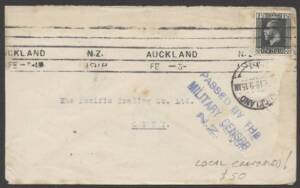 Postal History (New Zealand) - 1918 local Auckland cover but censored!!, machine cancel with the slogan removed, minor blemishes.