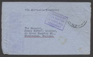 Postal History (New Zealand) - 1930s commercial airmail cover to GB with stamp washed-off & very fine boxed 'SDAMAGED BY/SEA-WATER/IN AIRPLANE/ACCIDENT' h/s in violet.