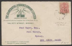 Norfolk Island - 1912 commercial usage of 'THE COOPERATIVE ASSURANCE COMPANY' illustrated advertising envelope to Sydney with NSW 1d Arms tied by an average strike of the 'NORFOLK ISLAND/NSW' cds, minor blemishes. Rare commerical mail in this period.