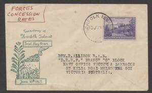 Norfolk Island - 1947 First Day Cover for Ball Bay 1d only (must be rare for just the one value) endosed "FORCES/CONCESSION/RATE" to&nbsp;Navy Office&nbsp;in Melbourne with boxed 'RECEIVED/20JUN1947/NAVY REGISTRY' cachet on reverse, minor blemishes. A quite remarka