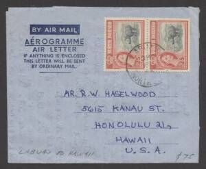 North Borneo - 1964 commercial usage of formular aerogramme to Hawaii!! with 50c Rhino pair tied by 'LABUAN' cds. Exceptional origin/destination item.