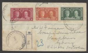 Pitcairn Island - 1936 cover to Sydney with New Zealand Silver Jubilee set tied by 'PITCAIRN ISLAND/NZ POSTAL AGENCY' cds with another strike on large registration label, Sydney b/s, minor blemishes.