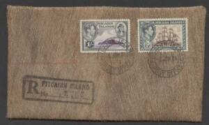 Pitcairn Island - 1948 envelope manufactured by local coir fabric with KGVI Pictorials 6d & 1/- plus boxed registration cachet. Weird item