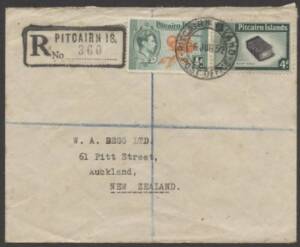 Pitcairn Island - 1952 commercial cover to Auckland with KGVI Pictorials&nbsp;&frac12;d Oranges & 4d Bible tied by superb cds & equally superb registration h/s, flap removed.
