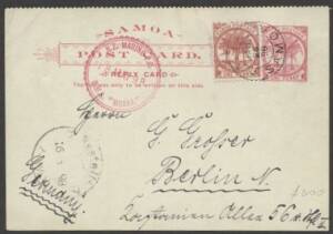 Samoa - 1898 commerical usage of 1d carmine Reply Card outer-half to Germany with Palmtrees 1d brown added, Apia cancel & very fine 'NZ MARITIME PO/RMS MOANA' cds in rosine. A very scarce & attractive item but the added stamp does not belong so offered at