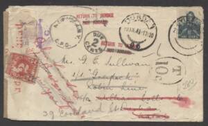 South Africa - 1942 commercial cover from 'NYLSTROM' to Durban forwarded to USA so underpaid & taxed, minor blemishes.