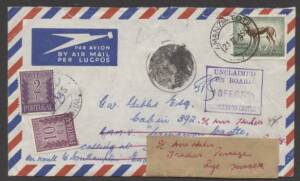 South Africa - 1955 commercial airmail cover to a ship's passenger at Madeira with 1/3d Buck tied by 'AMANZIMTOTH' cds, underpaid & taxed with Portuguese 10c & E2 Postage Dues tied by 'CTT/FUNCHAL' cds but with boxed 'UNCLAIMED/ON BOARD/CARNARVON CASTLE' 
